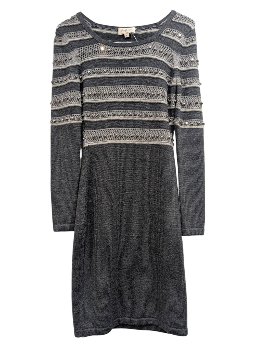 Temperley London Wool Grey Striped Beaded Knit Sweater Dress Size M Long Sleeve